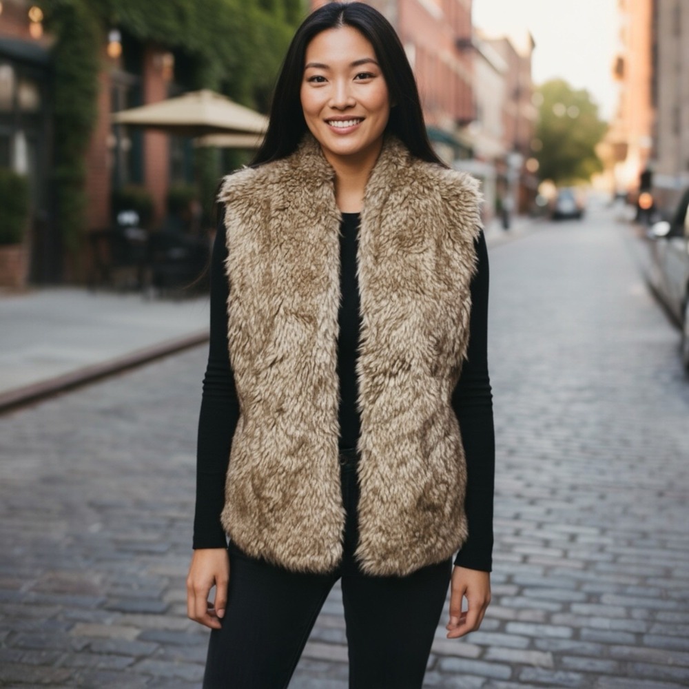 Sebby Faux‎ Fur Sweater Back Vest Brown Tan L Large Cozy Boho Festival Chic